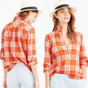 J. Crew Gauzy Popover Button Down 100% Cotton Shirt in Orange Plaid Size 10